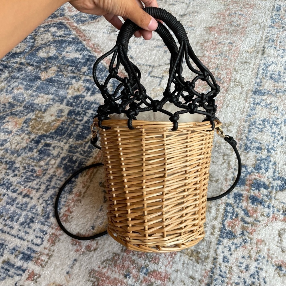 Woven Rattan Bucket Bag with Black Knotted Handles